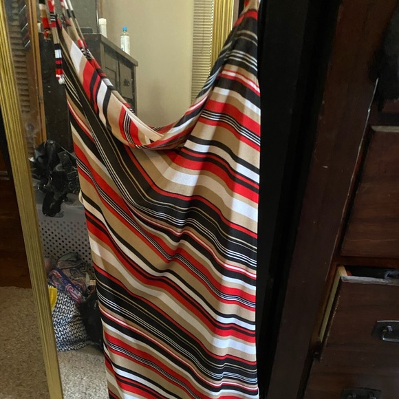 Red, black, white, and tan dress with scooped neck, high/low - Picture 1 of 2